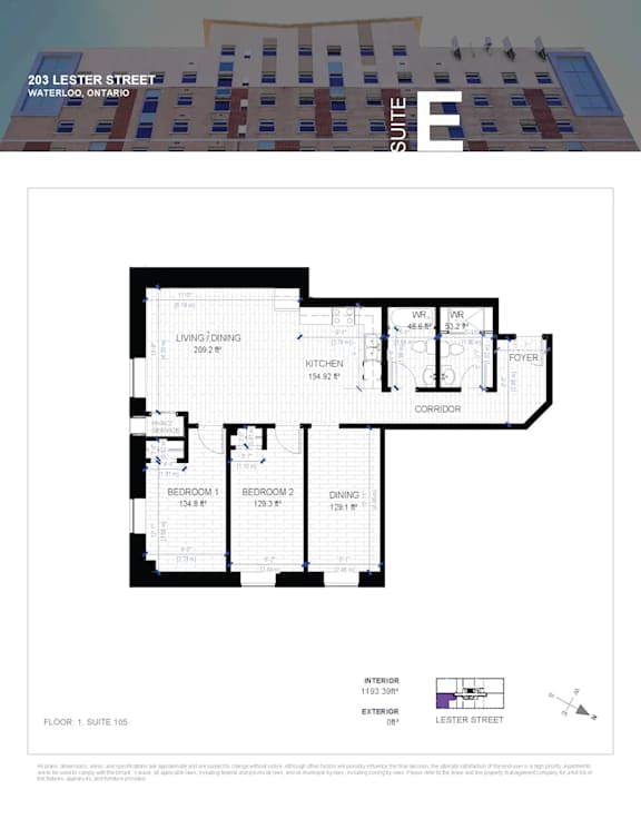 A floor plan for a suite at 203 Lester Street in Waterloo, Ontario.