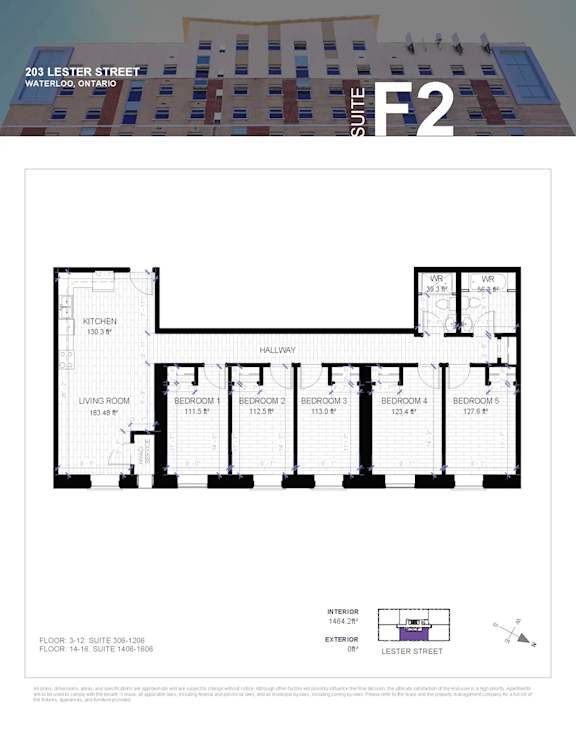 A floor plan for a suite at 203 Lester Street in Waterloo, Ontario.