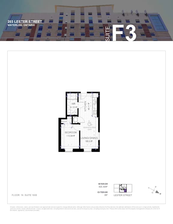 A floor plan for a suite at 203 Lester Street in Waterloo, Ontario.
