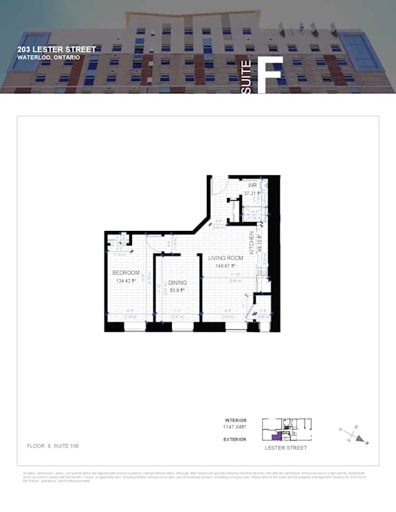 A floor plan for a suite at 203 Lester Street, Waterloo, Ontario, showing a bedroom, living room, and dining area.