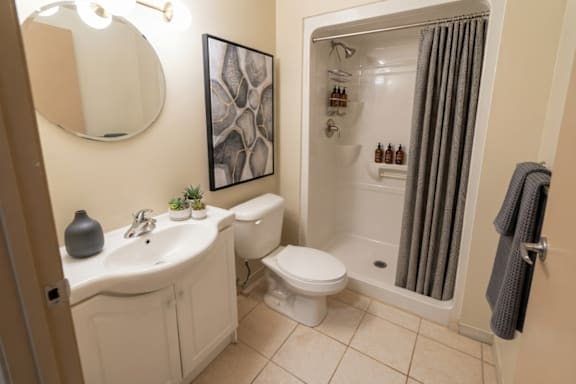 A bathroom with a white sink, toilet, and a shower with a grey curtain.