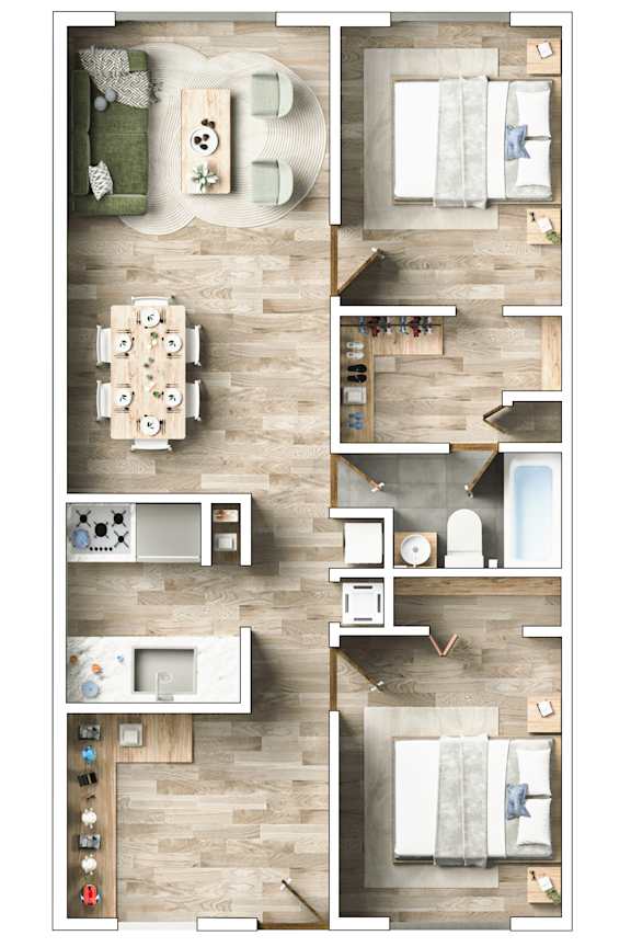2 Bedrooms, 1 Bathrooms A top-down view of a small apartment layout with a kitchen, living room, and bathroom.