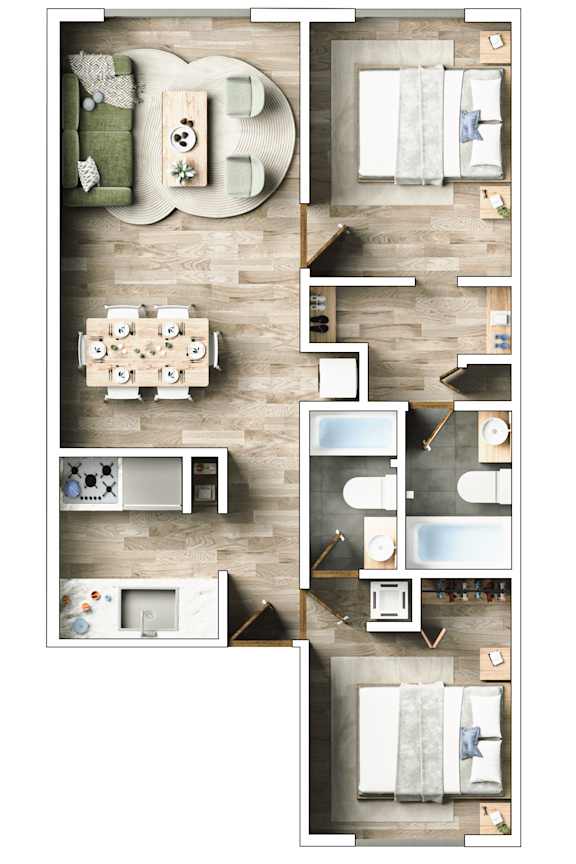 A top-down view of a room with a dining table, couch, and a kitchen area.