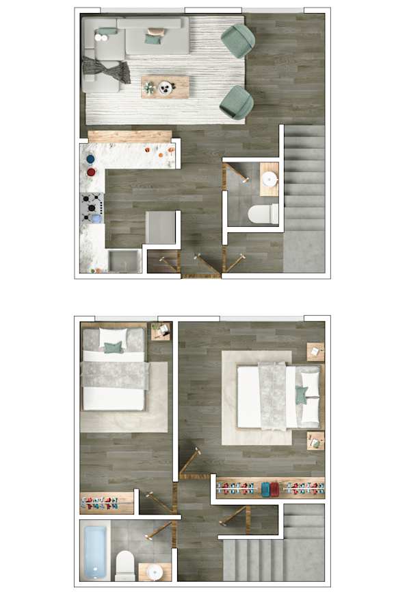 A floor plan of a two-bedroom apartment with a living room, kitchen, and bathroom.
