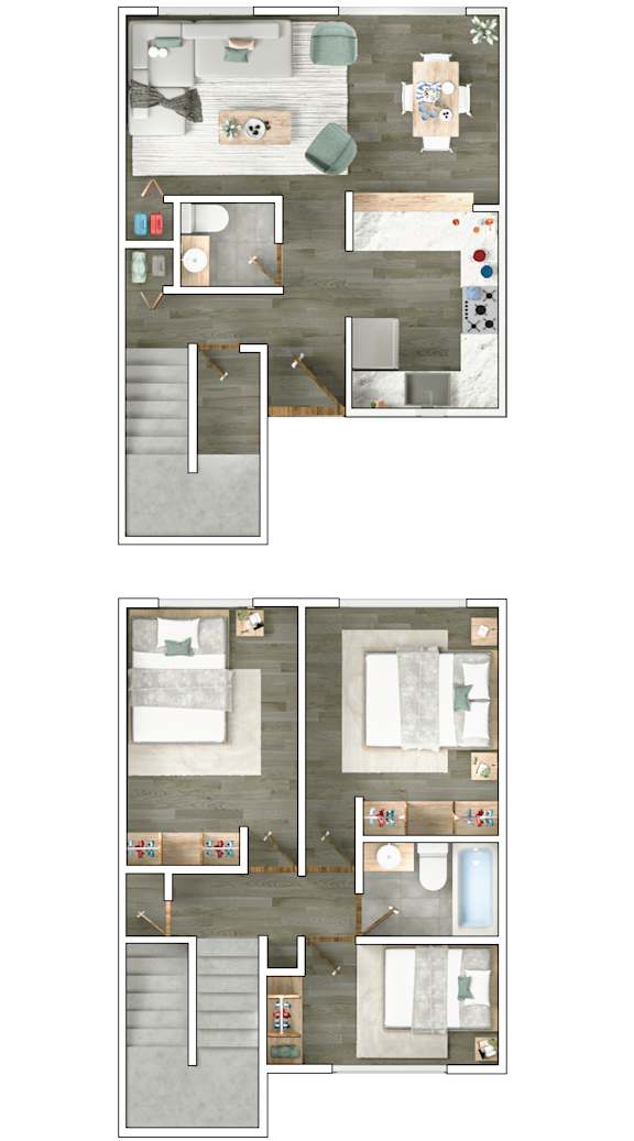 A floor plan of a two-story residential building with a living room, kitchen, and bedrooms.