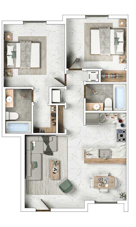 A floor plan of a house with a kitchen, living room, and bathrooms.