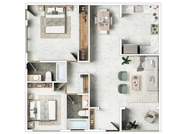Floor Plan  A top-down view of a modern, minimalist apartment layout.