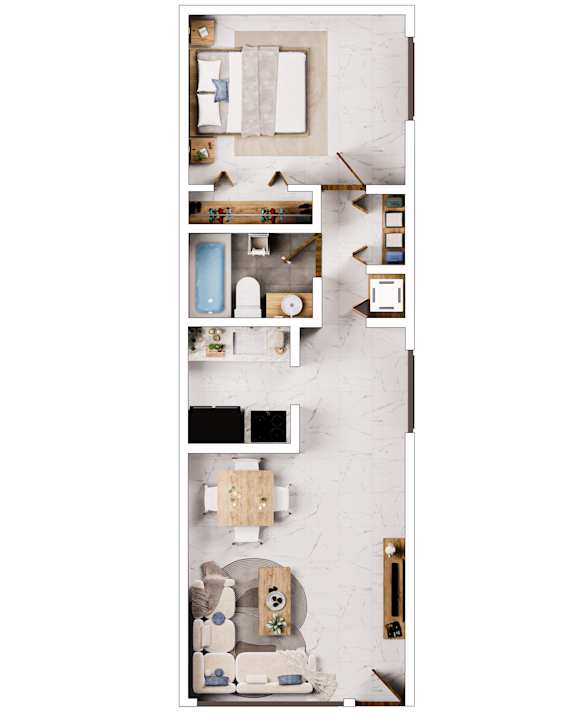A top-down view of a small apartment with a kitchen, living room, and bathroom.