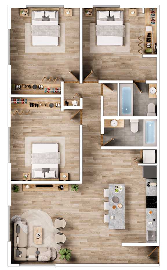 A floor plan of a house with two bedrooms, a living room, a kitchen, a dining room, and a bathroom.