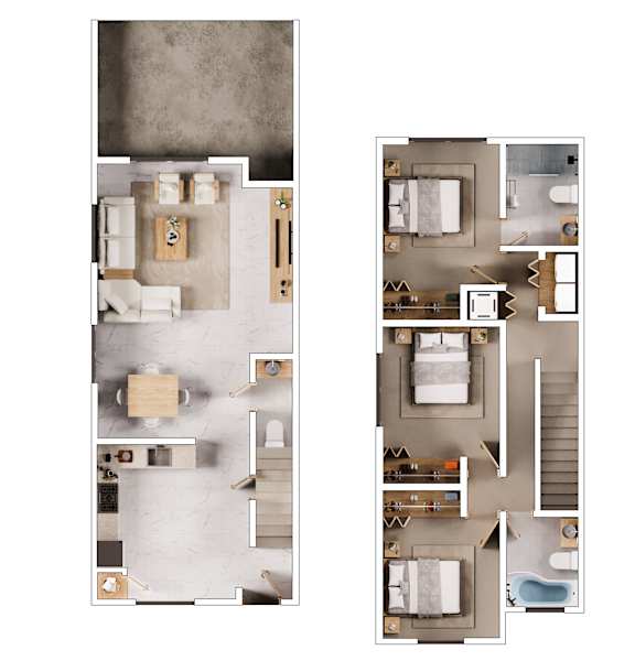 A floor plan of a two-story apartment with a living room, kitchen, dining room, and bedrooms.