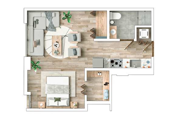 A floor plan of a house with a living room, kitchen, and bathroom.