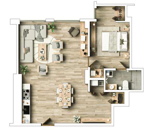 A floor plan of a house with a dining area, living room, kitchen, and bathrooms.