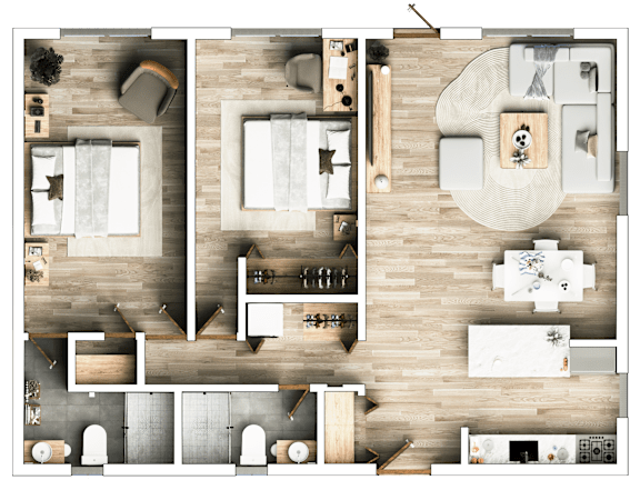 A top-down view of a modern apartment layout with a kitchen, living room, and bathroom.