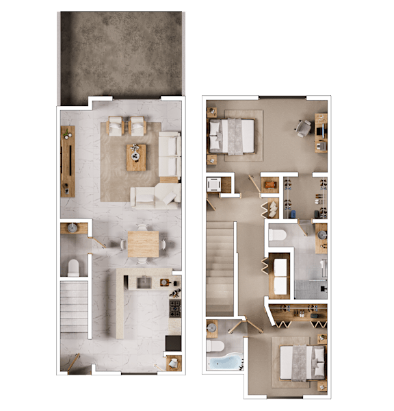 A floor plan of a house with two bedrooms, a living room, a kitchen, and a bathroom.