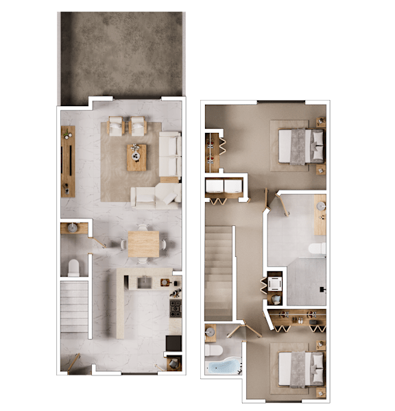 A top-down view of a bathroom with a toilet, sink, and bathtub.