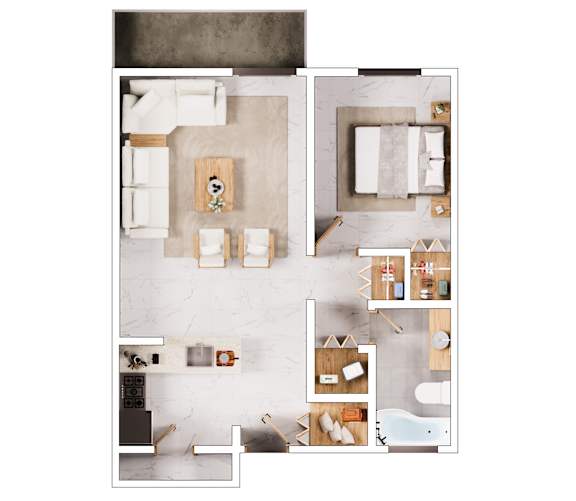 A floor plan of a modern apartment with a kitchen, living room, and bathroom.
