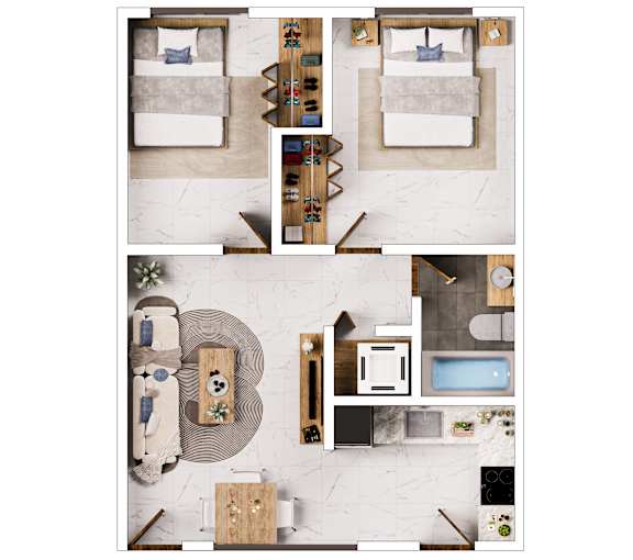 A top-down view of a room with a bed, a desk, a chair, a couch, a coffee table, a bookshelf, a kitchenette, and a bathroom.