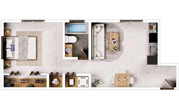 A top-down view of a living room with a couch, coffee table, and television.