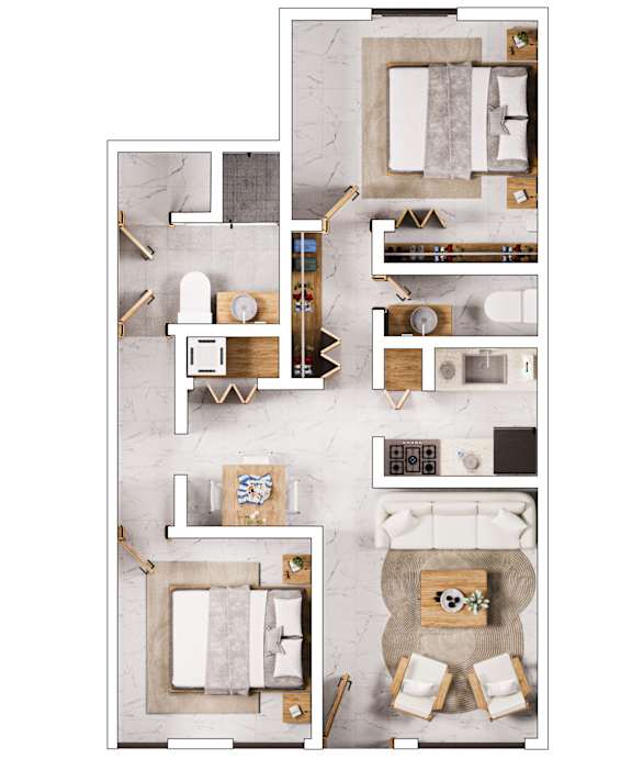 A top-down view of a modern living room with a kitchen area.