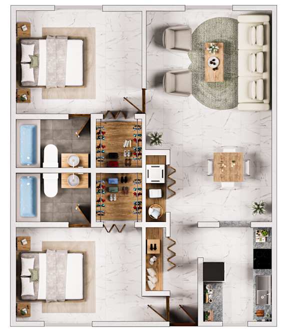 Floor Plan  A top-down view of a room with a bed, a couch, a table, and a chair.