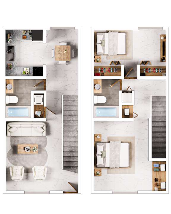 A top-down view of a living room and kitchen area.