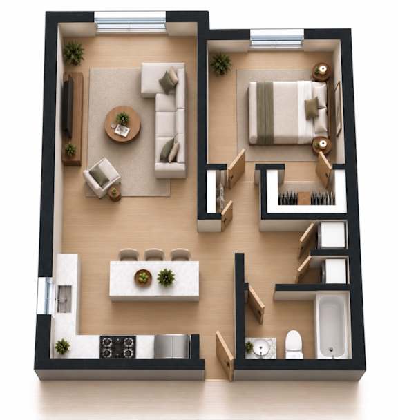 A top-down view of a modern apartment layout with a kitchen, living room, and bathroom.