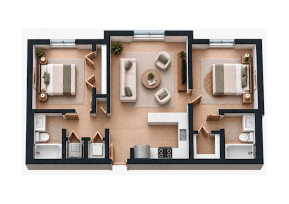 A top-down view of a house layout with a living room, kitchen, and bathrooms.