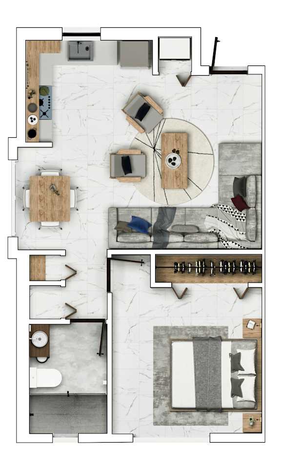 A floor plan of a house with a kitchen, living room, dining room, and bathroom.