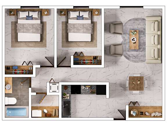 A collage of a bedroom with a bed, chair, and a table with a vase on it.