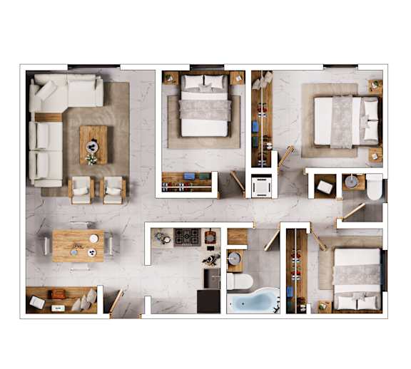 A top-down view of a modern, minimalist apartment with a kitchen, living room, and bedroom.