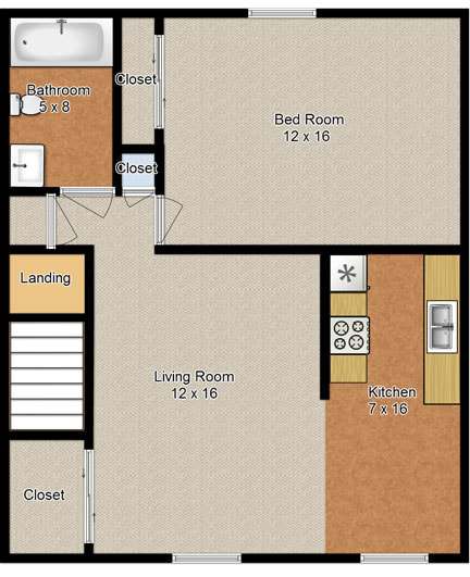 A floor plan of a small apartment with a bedroom, living room, kitchen, and bathroom.