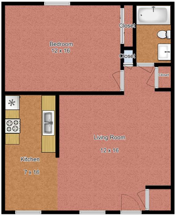 A floor plan of a room with a bedroom, living room, kitchen, and closets.