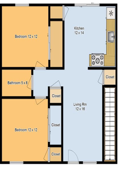 A floor plan of a house with two bedrooms, a bathroom, a living room, a kitchen, and a closet.
