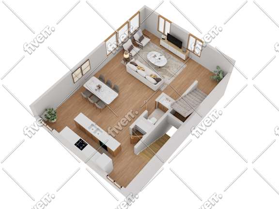 A top-down view of a modern living room with a kitchen area.
