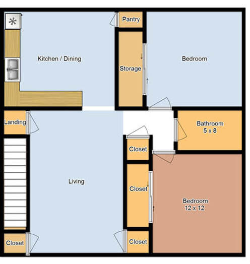 A floor plan of a house with a kitchen, dining area, pantry, living room, two bedrooms, a bathroom, and storage.