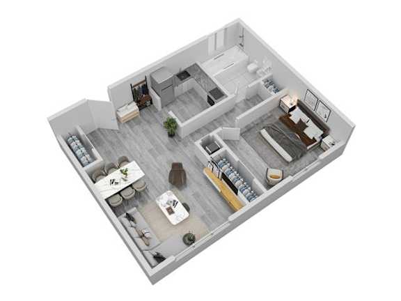 an open floor plan with a bedroom and a living room