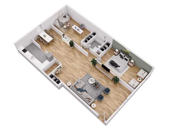 A top-down view of a house interior with a living room, dining area, kitchen, and bedrooms.