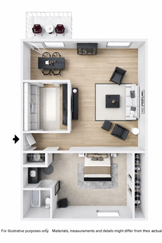 A top-down view of a small apartment with a living room, kitchen, and bedroom.