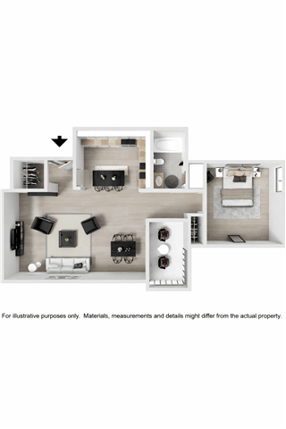 A diagram of a room layout with a kitchen, living room, and bathroom.