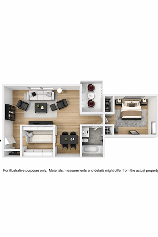 A floor plan of a small apartment with a kitchen, living room, and two bedrooms.