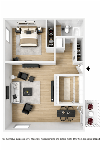 A floor plan of a modern apartment with a living room, kitchen, and bedroom.
