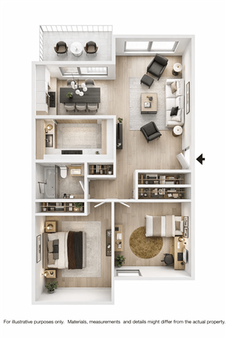 A floor plan of a two-story apartment with a living room, kitchen, and bedrooms.