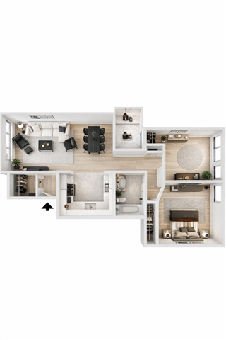 A top-down view of a modern apartment layout.
