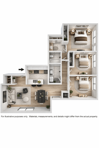A three-story apartment layout with a kitchen, living room, and bedrooms.