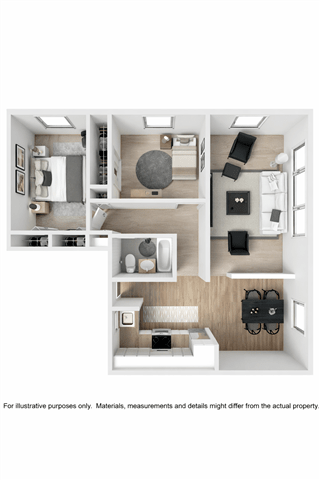 A white and wood floor plan of a small apartment with a kitchen, living room, and bedroom.