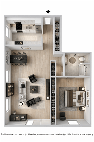 A floor plan of a house with a kitchen, living room, and bathroom.