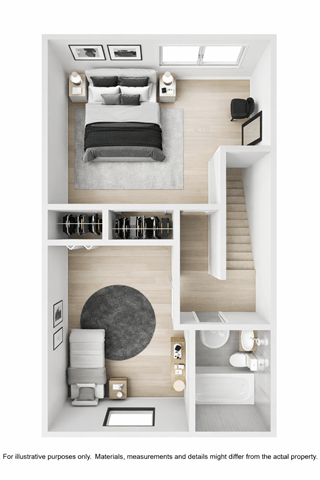 A top-down view of a bedroom with a bed, dresser, and staircase.