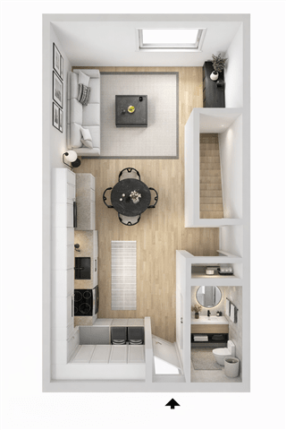 A small apartment with a kitchen, living room, and bathroom.