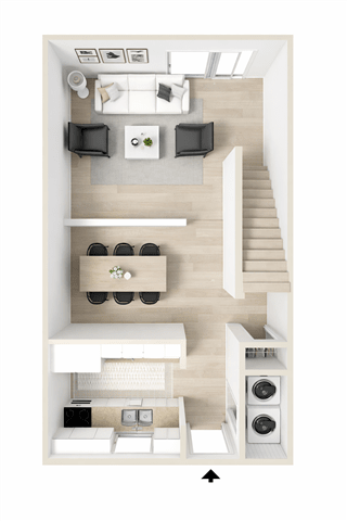 A top down view of a modern kitchen and living room.