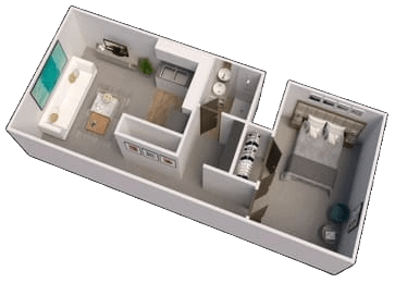 a 3d floor plan of a small apartment